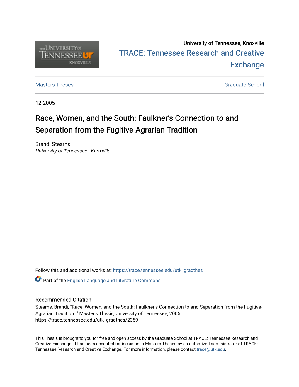 Race, Women, and the South: Faulkner’S Connection to and Separation from the Fugitive-Agrarian Tradition