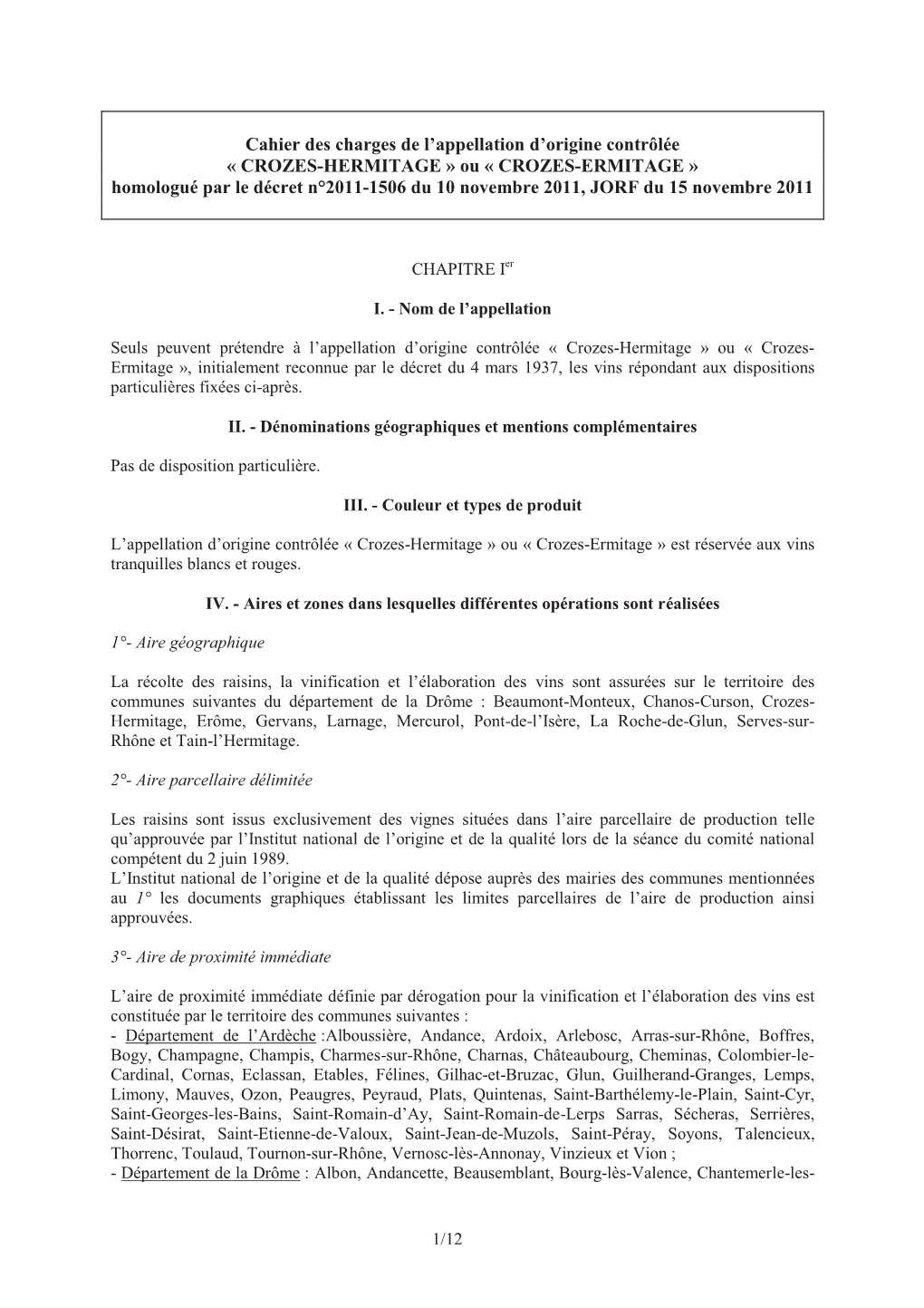 Cahier Des Charges De L'appellation Crozes-Hermitage