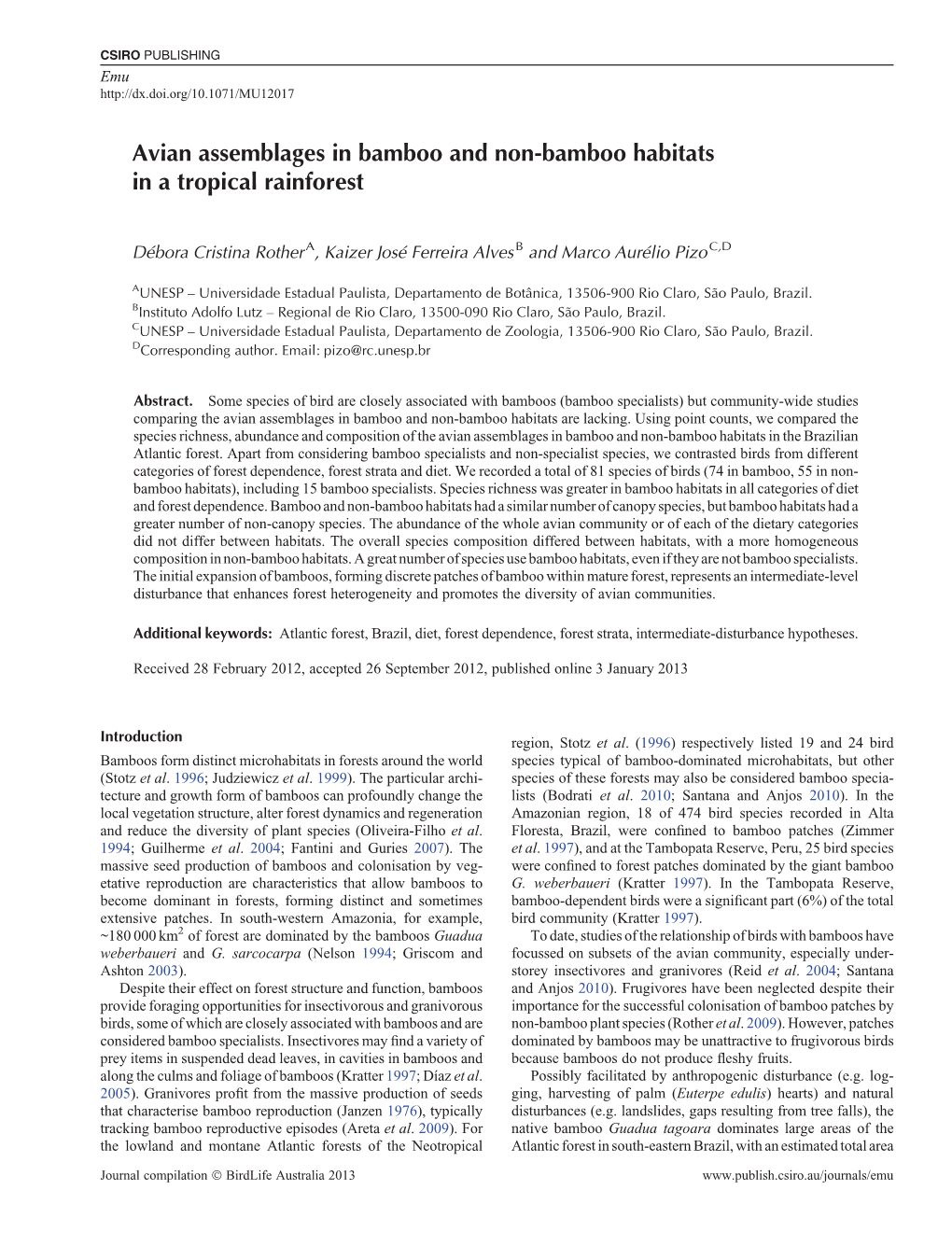 Avian Assemblages in Bamboo and Non-Bamboo Habitats in a Tropical Rainforest