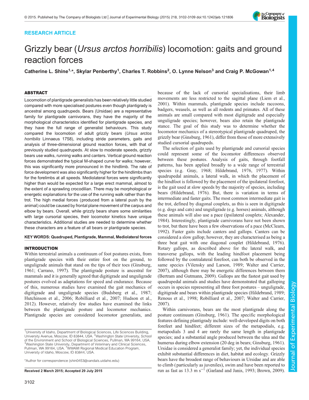 Grizzly Bear (Ursus Arctos Horribilis) Locomotion: Gaits and Ground Reaction Forces Catherine L