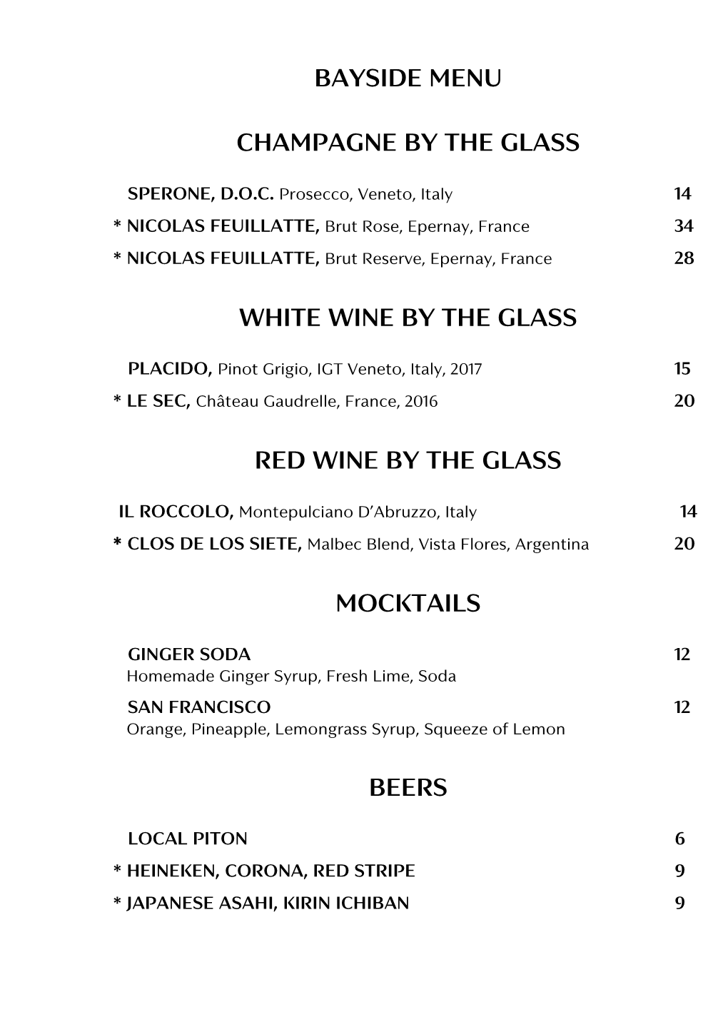 Bayside Cocktail Menu