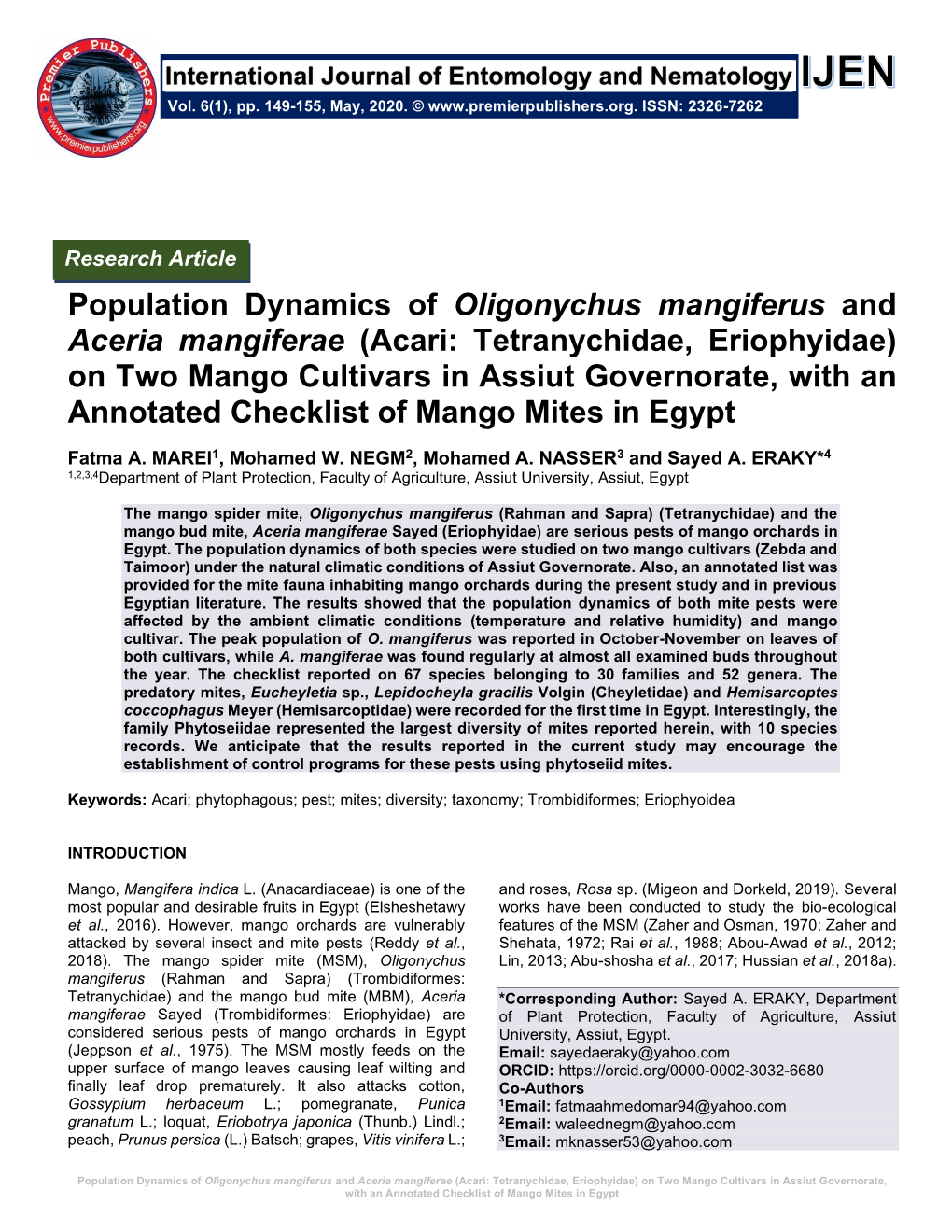 Population Dynamics of Oligonychus Mangiferus and Aceria Mangiferae