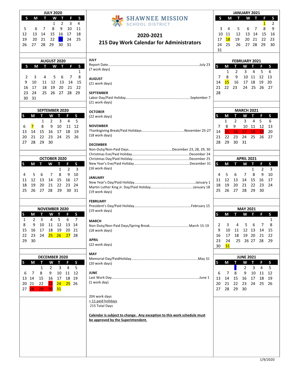 2020-2021 215 Day Work Calendar for Administrators