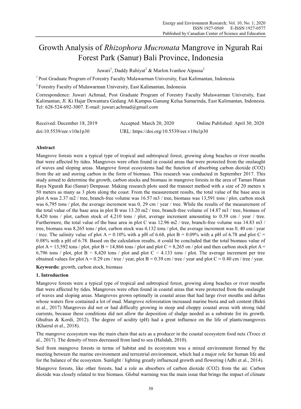 Growth Analysis of Rhizophora Mucronata Mangrove in Ngurah Rai Forest Park (Sanur) Bali Province, Indonesia