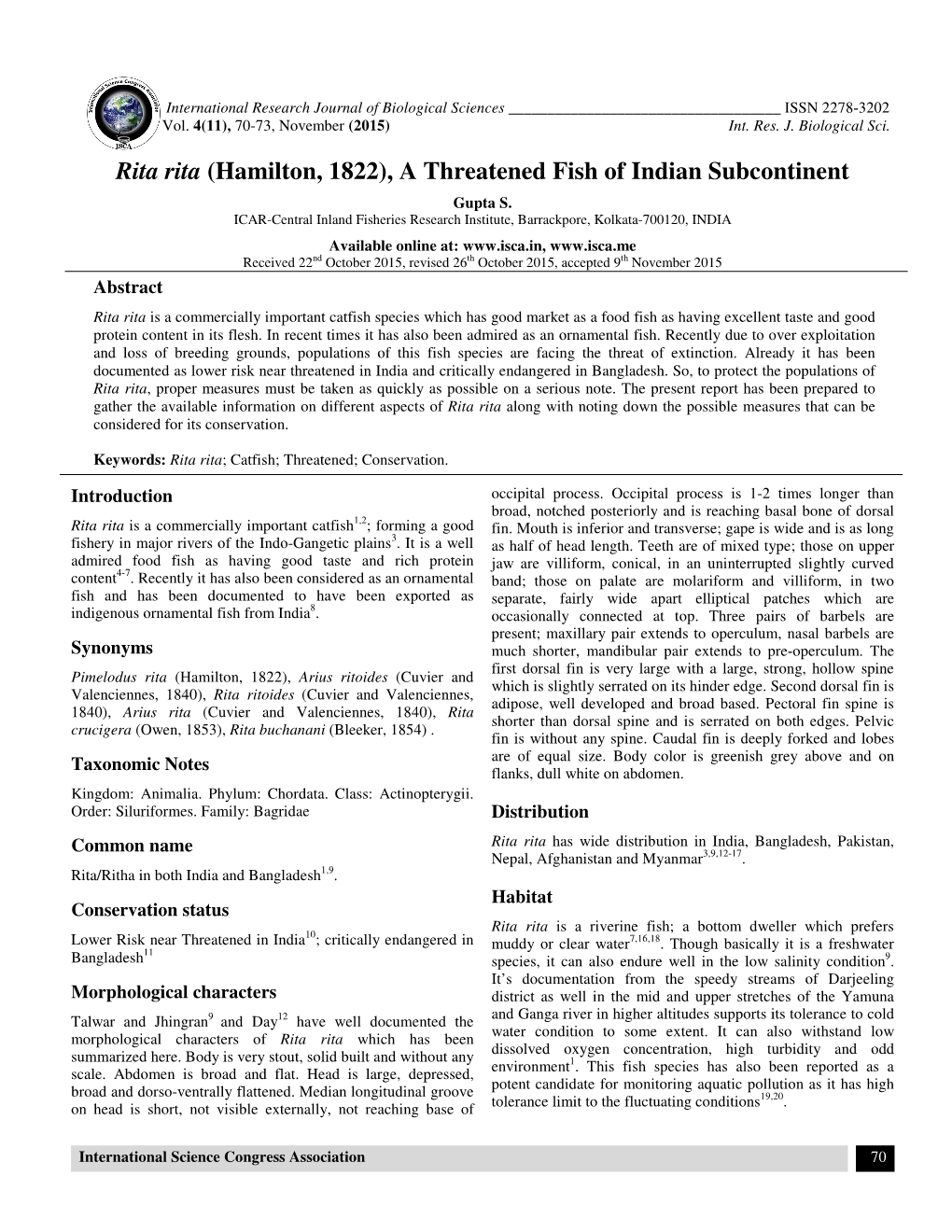 Rita Rita (Hamilton, 1822), a Threatened Fish of Indian Subcontinent