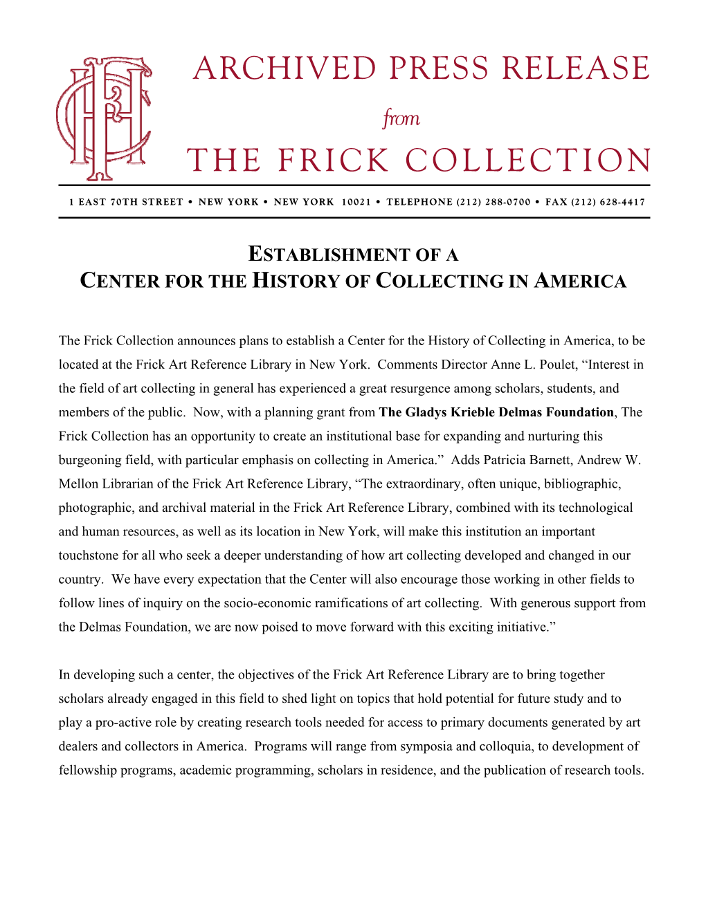 ARCHIVED PRESS RELEASE from the FRICK COLLECTION