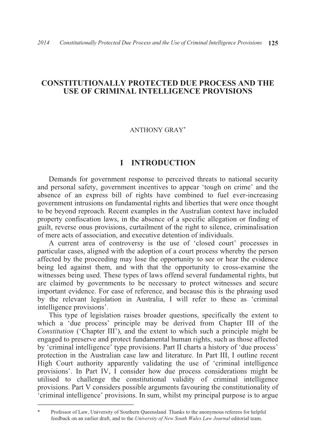 Constitutionally Protected Due Process and the Use of Criminal Intelligence Provisions 125