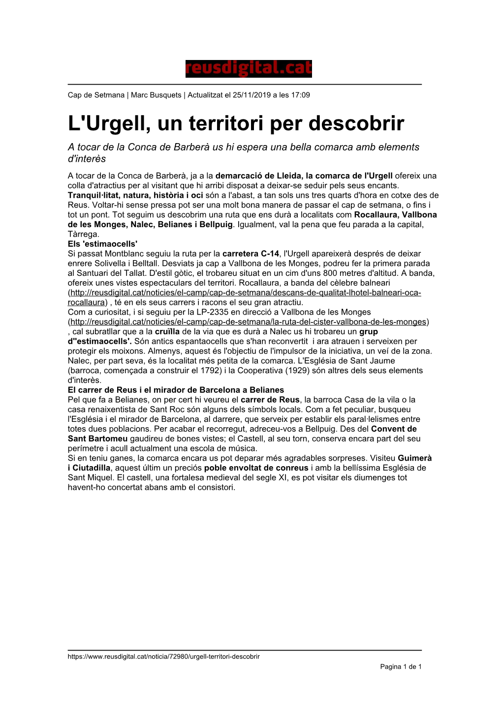 L'urgell, Un Territori Per Descobrir