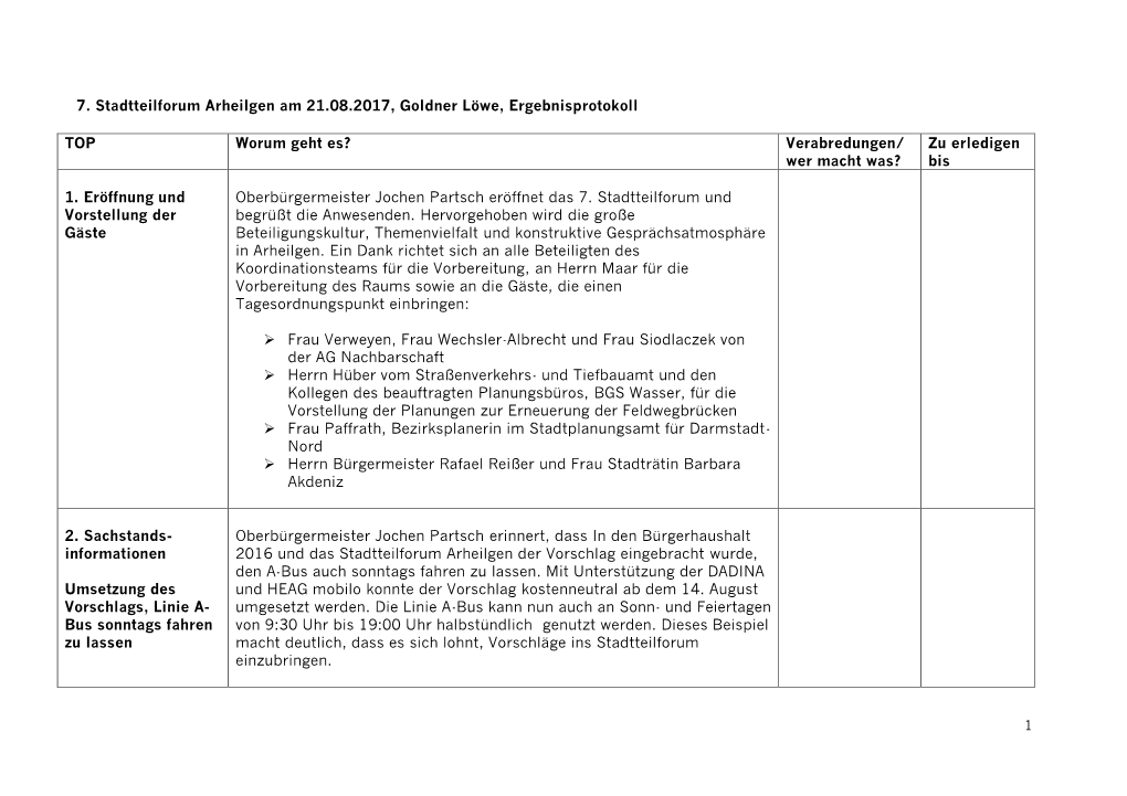 7. Stadtteilforum Arheilgen Am 21.08.2017, Goldner Löwe, Ergebnisprotokoll