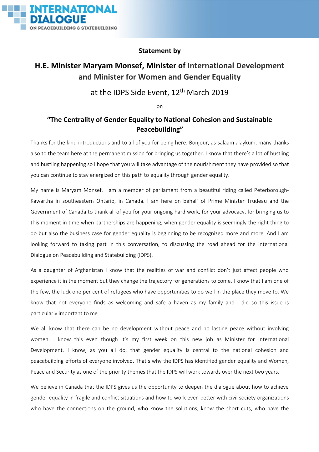 And Minister for Women and Gender Equality at the IDPS Side Event, 12Th March 2019