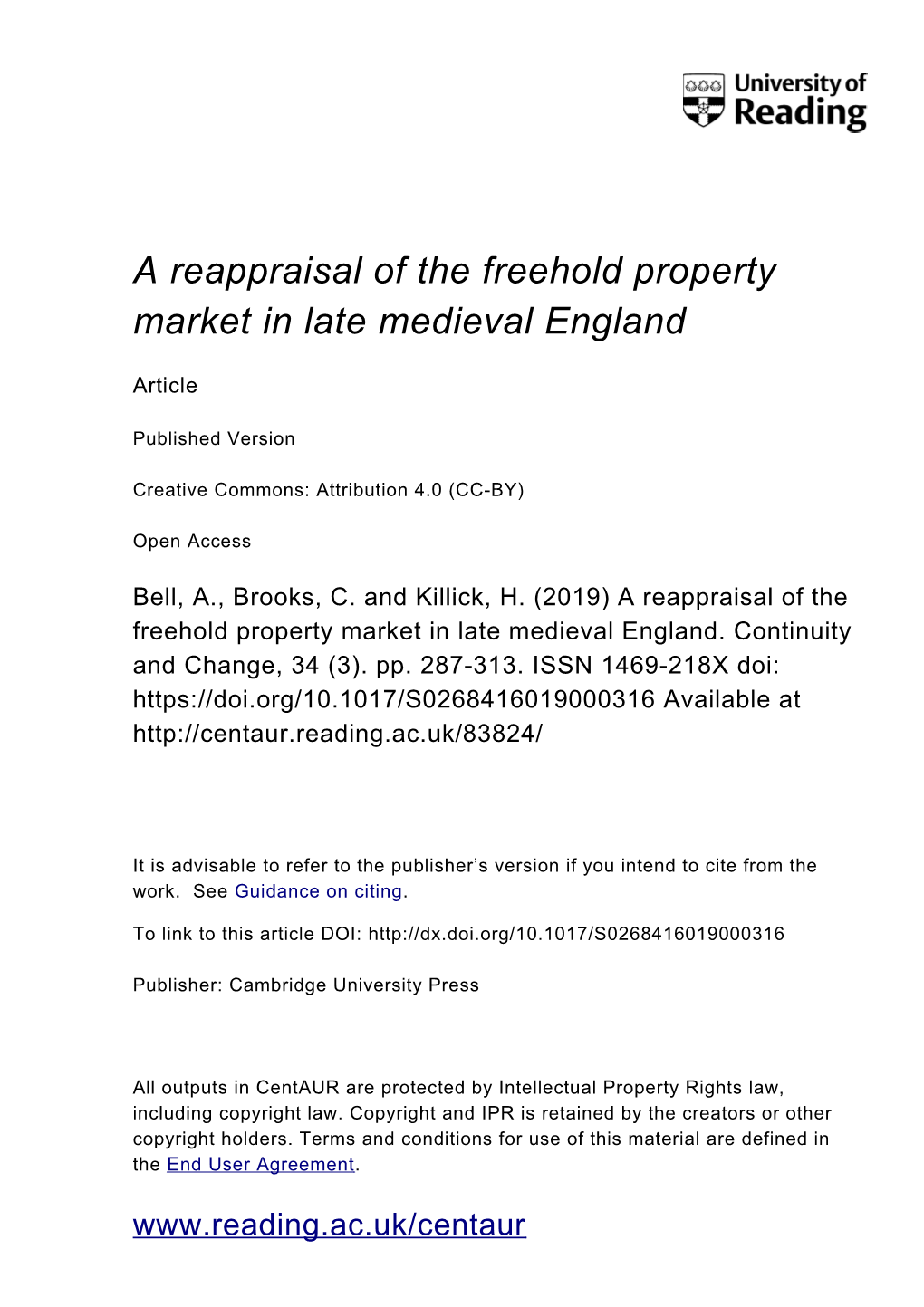 A Reappraisal of the Freehold Property Market in Late Medieval England