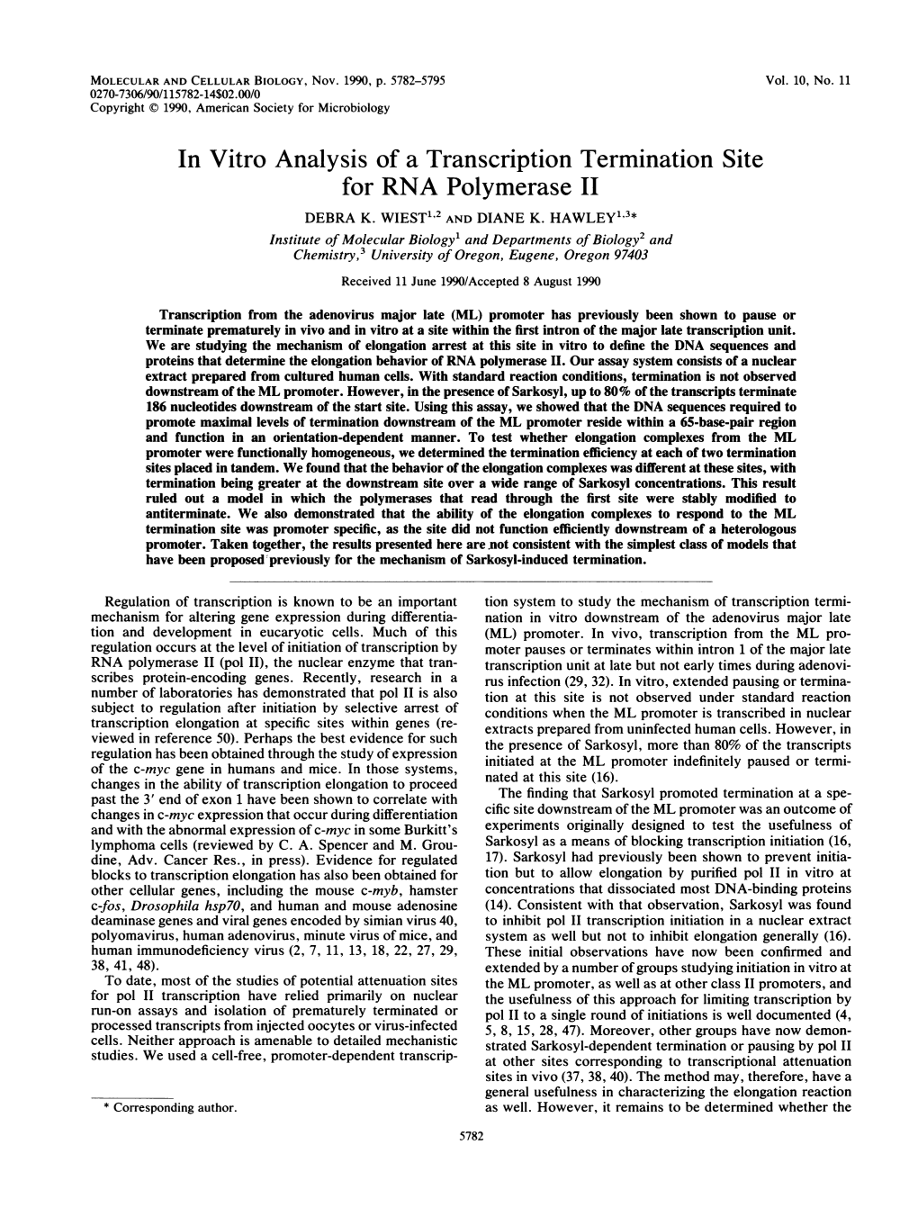 In Vitro Analysis of a Transcription Termination Site for RNA Polymerase II DEBRA K