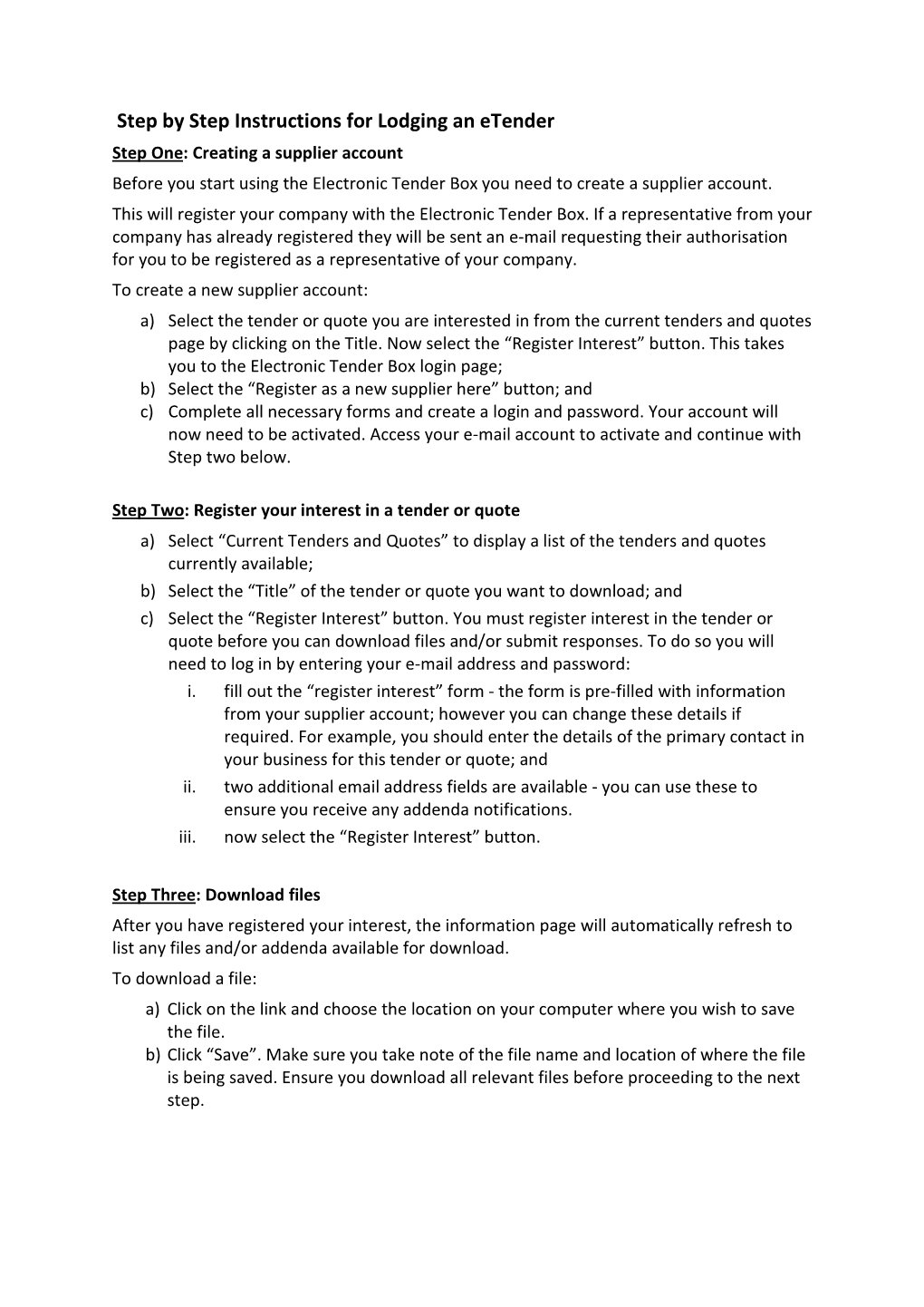 Step by Step Instructions for Lodging an Etender