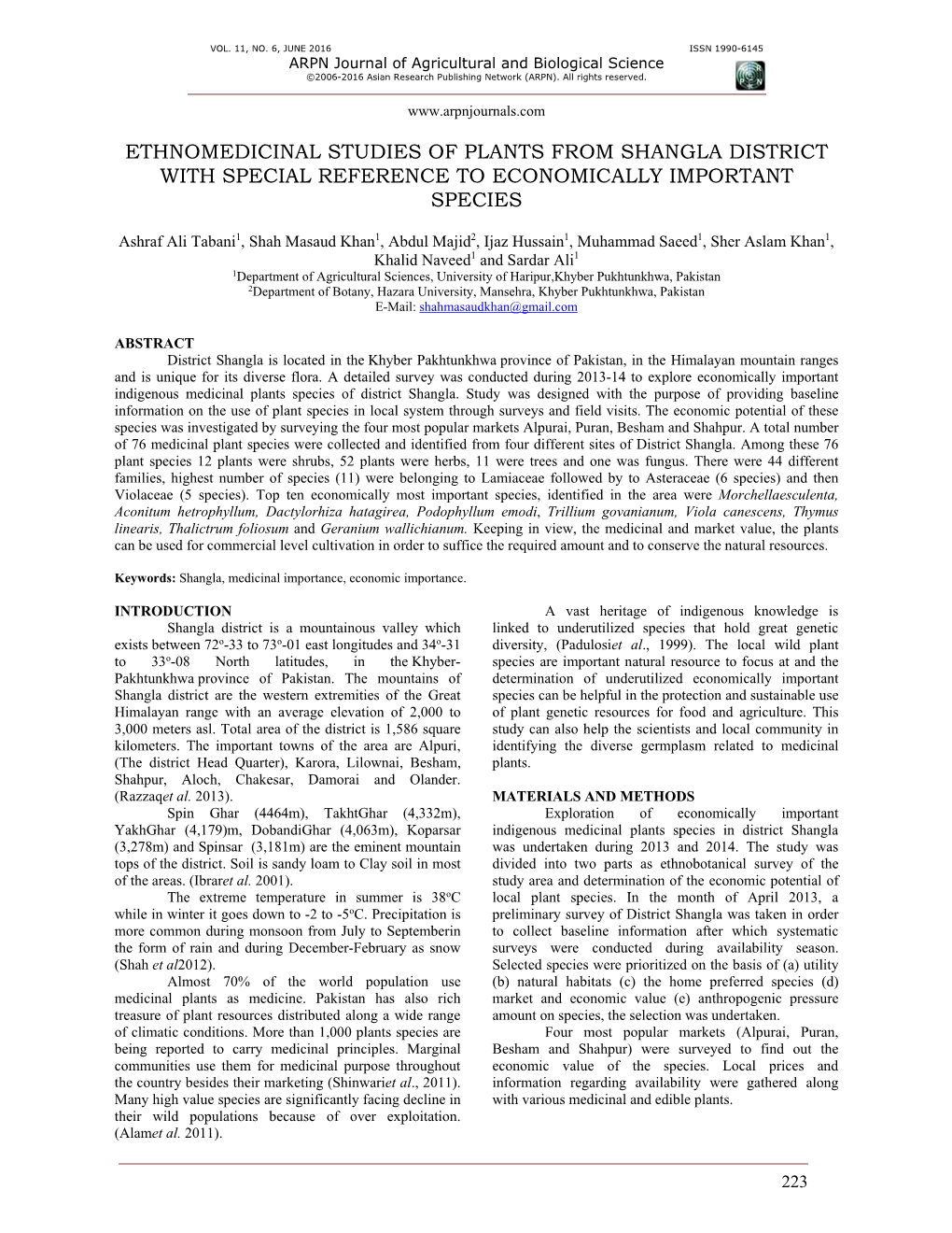 Ethnomedicinal Studies of Plants from Shangla District with Special Reference to Economically Important Species