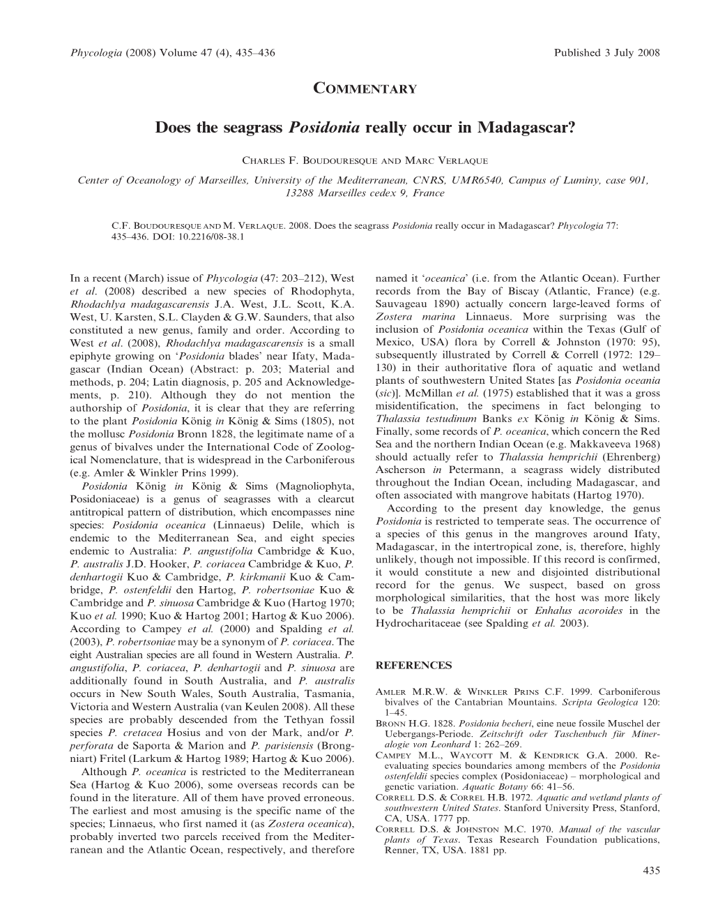 Does the Seagrass Posidonia Really Occur in Madagascar?