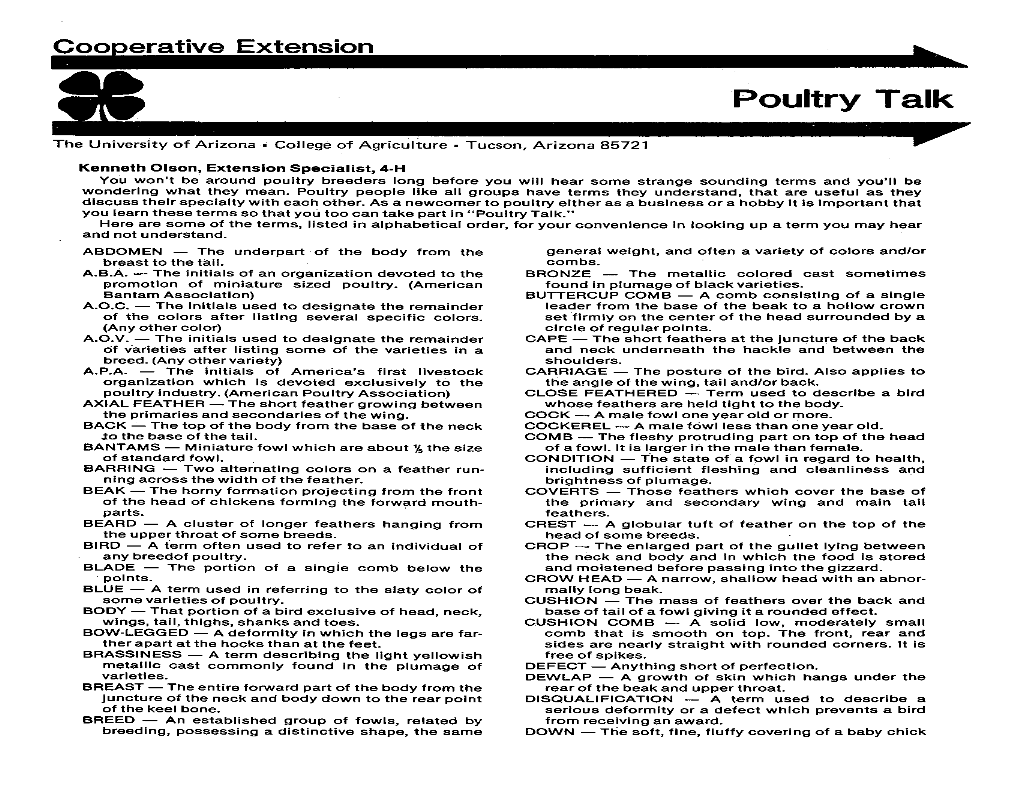 Poultry Talk the University of Arizona College of Agriculture Tucson, Arizona 85721 P’