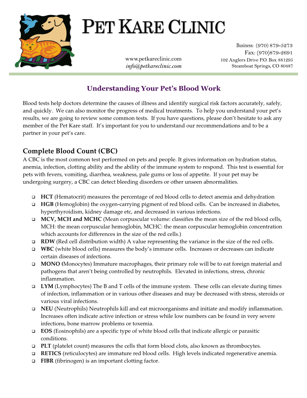 Understanding Your Pet's Blood Work Complete Blood Count (CBC)