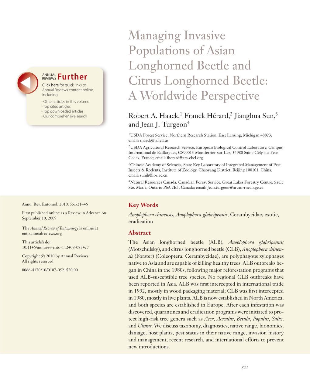 Managing Invasive Populations of Asian Longhorned Beetle and Citrus Longhorned Beetle: a Worldwide Perspective