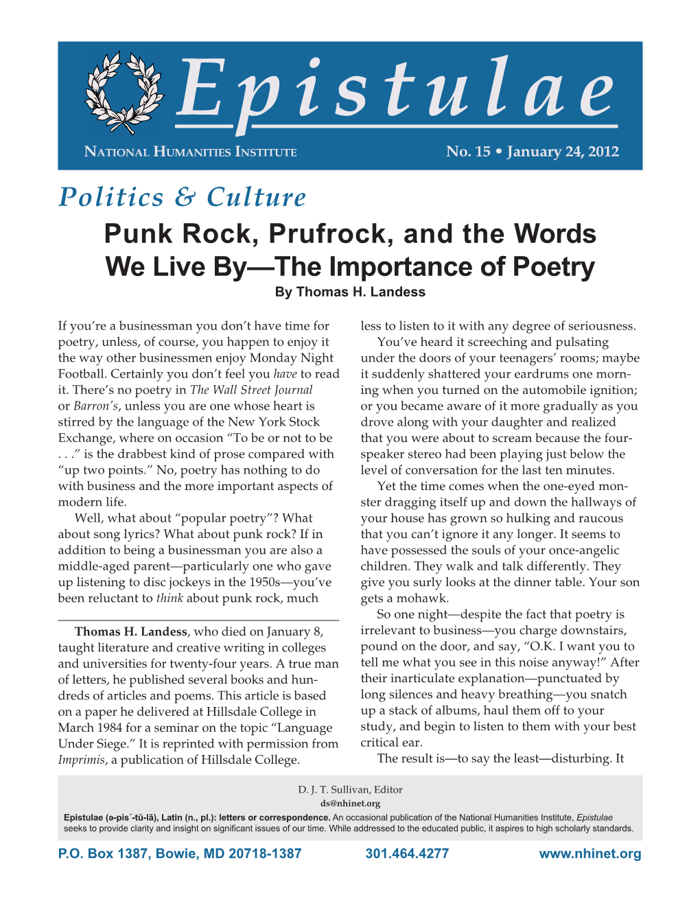 Politics & Culture Punk Rock, Prufrock, and the Words We Live By