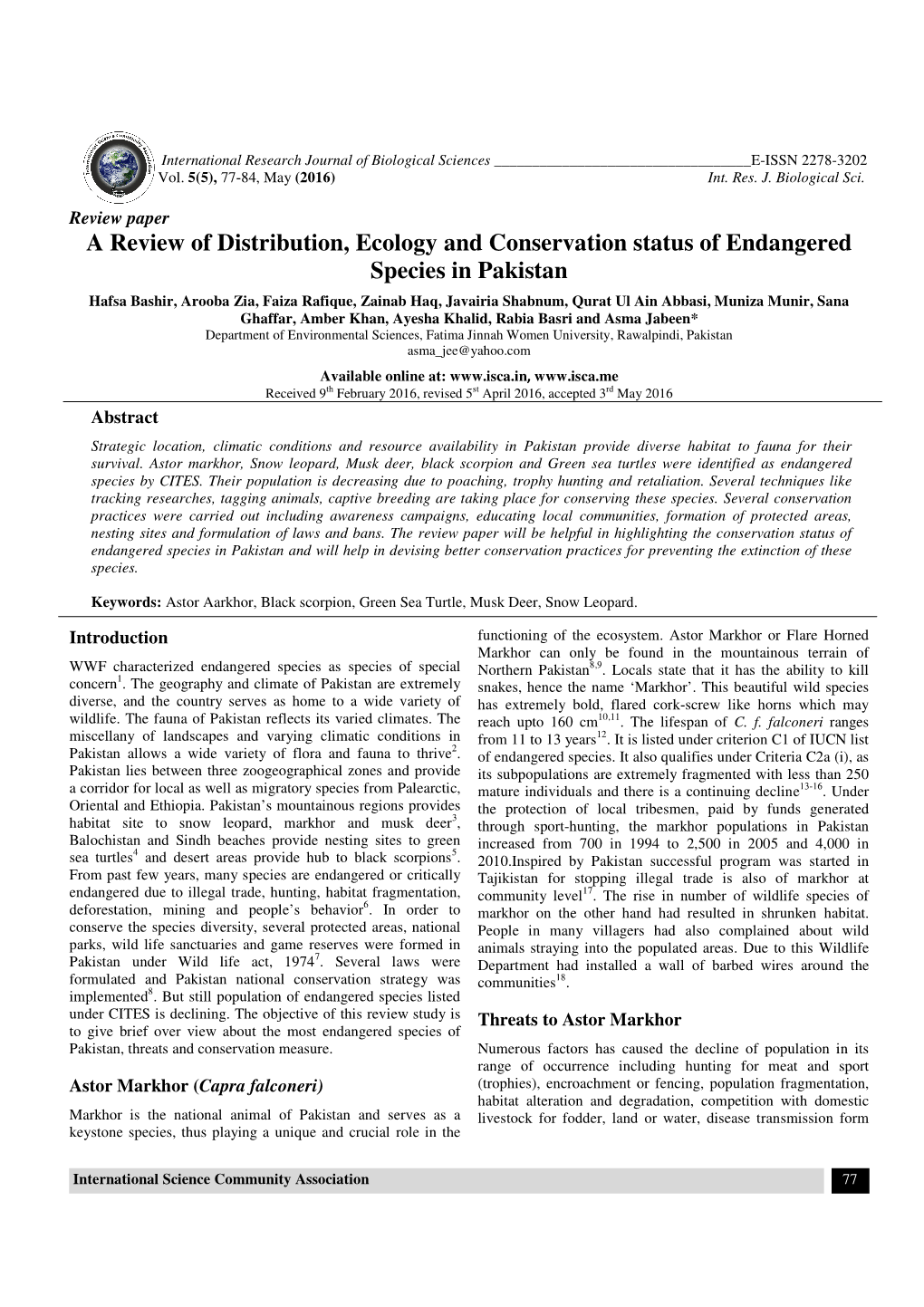 View Paper a Review of Distribution, Ecology and Conservation Status of Endangered Species in Pakistan