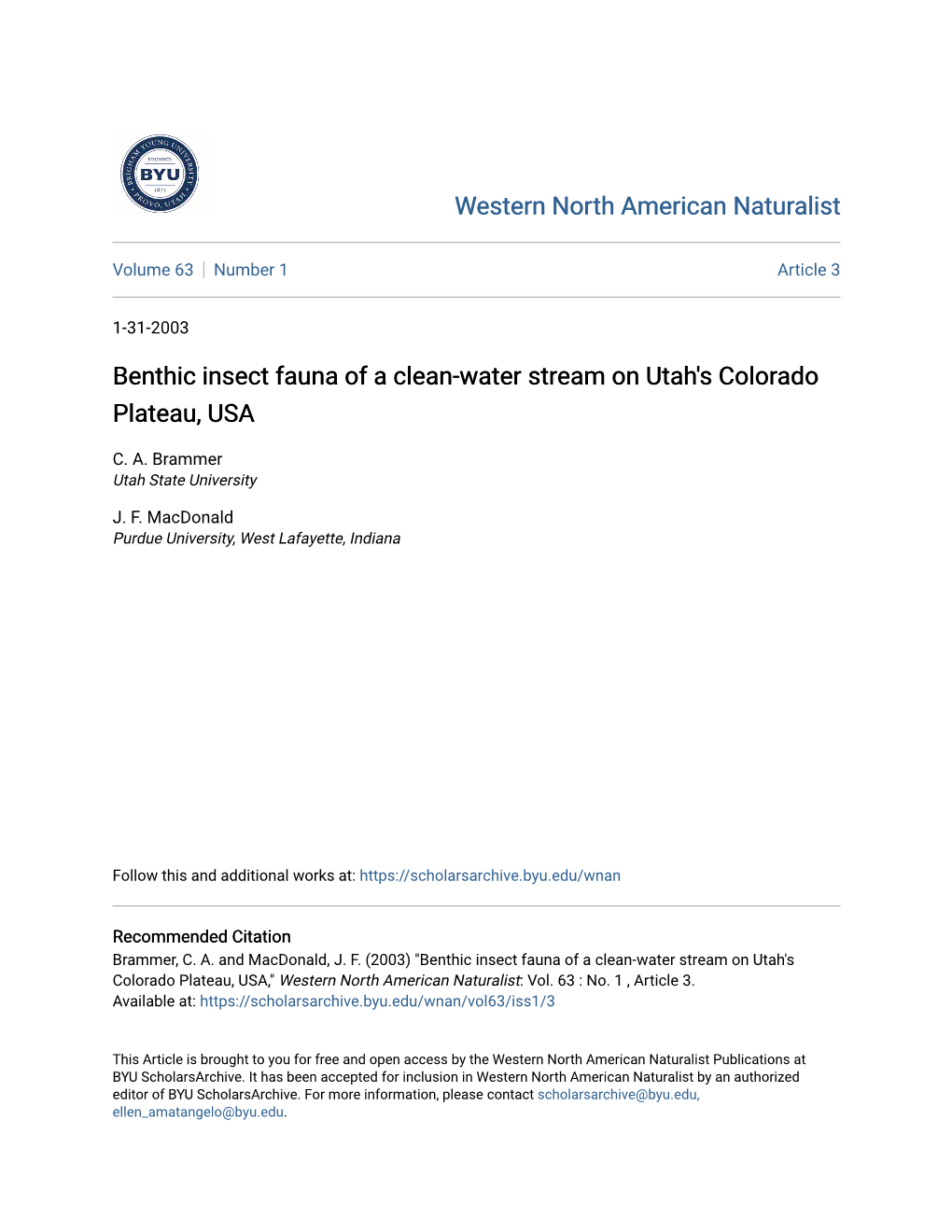 Benthic Insect Fauna of a Clean-Water Stream on Utah's Colorado Plateau, USA