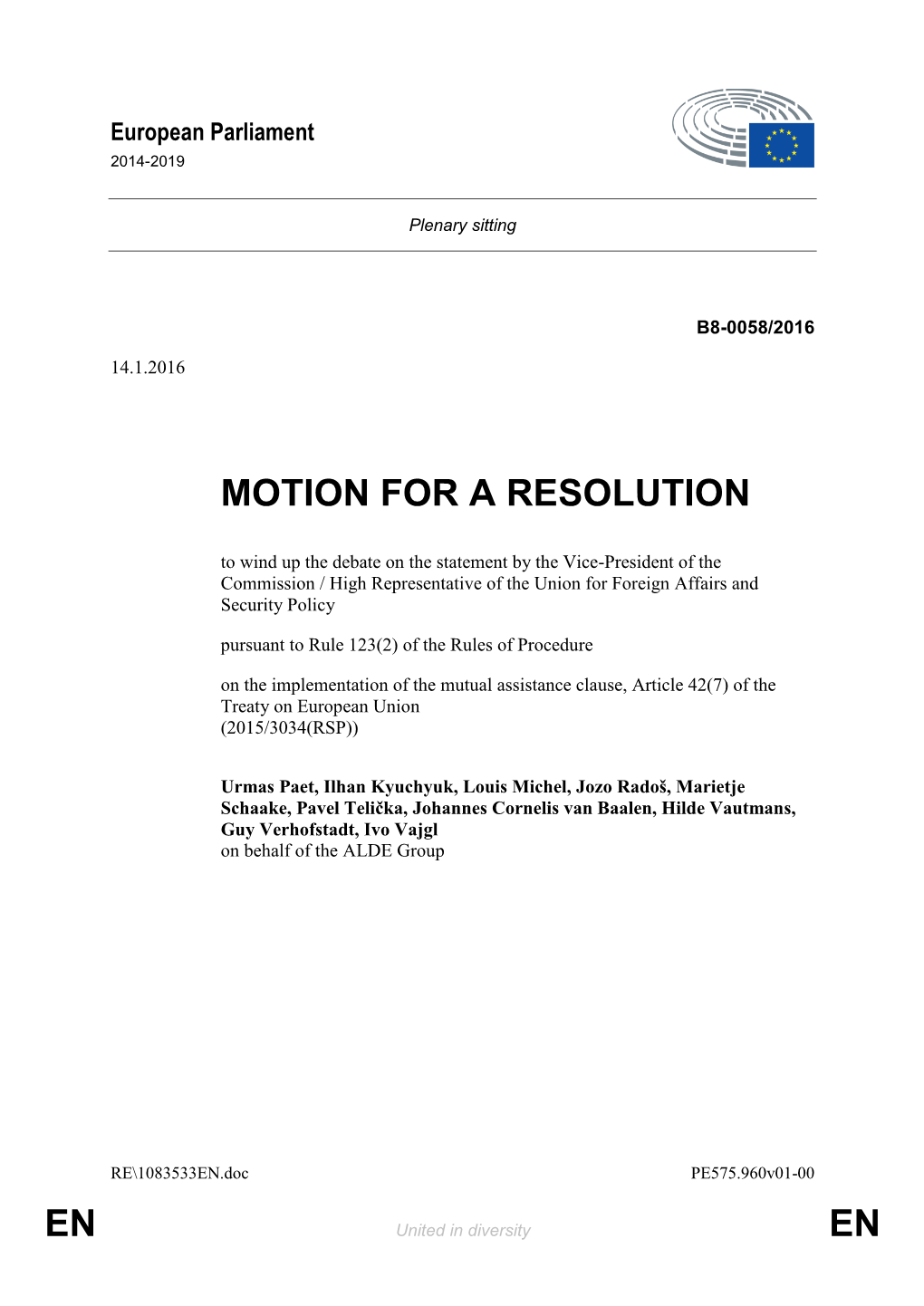 En En Motion for a Resolution