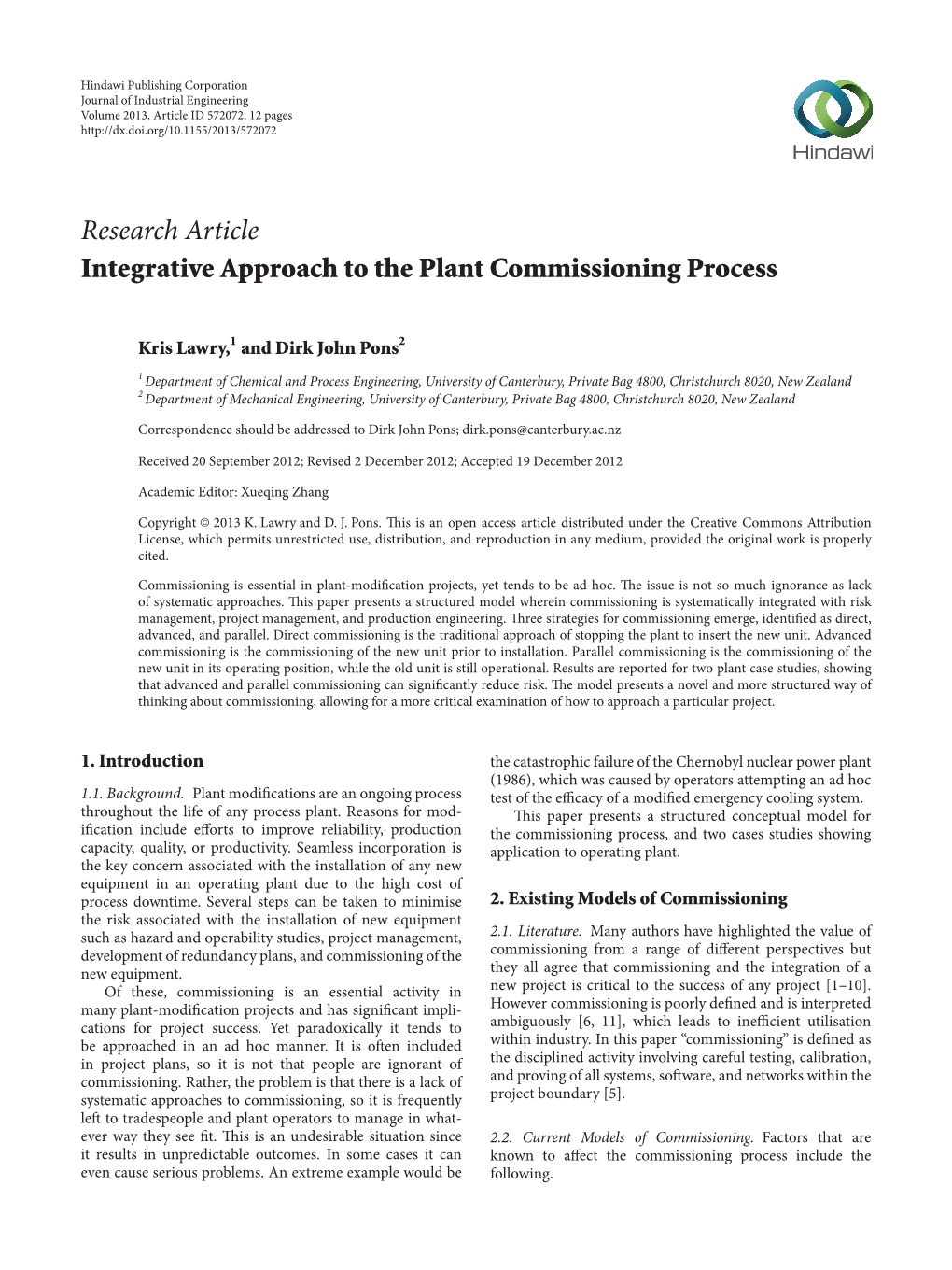 Research Article Integrative Approach to the Plant Commissioning Process
