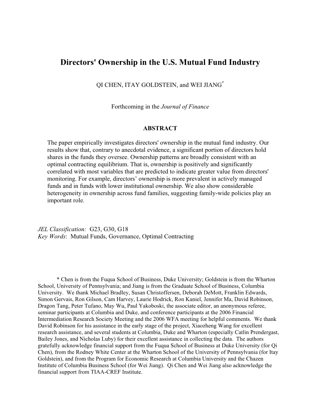 Directors' Ownership in the U.S. Mutual Fund Industry