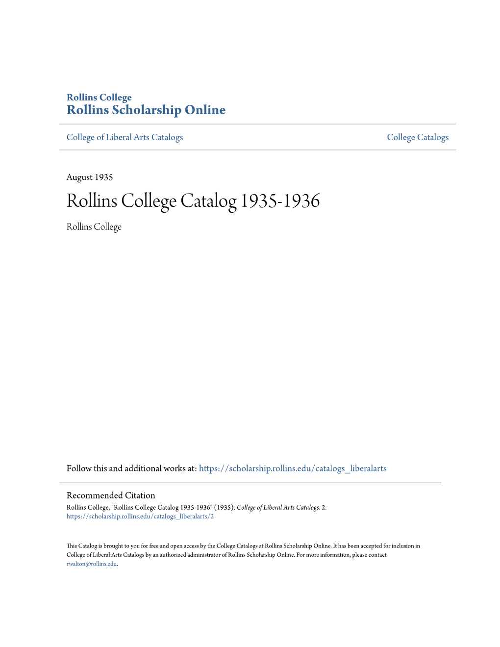 Rollins College Catalog 1935-1936 Rollins College