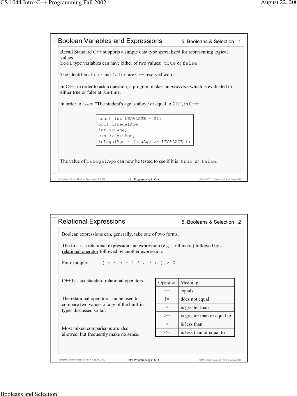 Boolean Variables and Expressions Relational Expressions