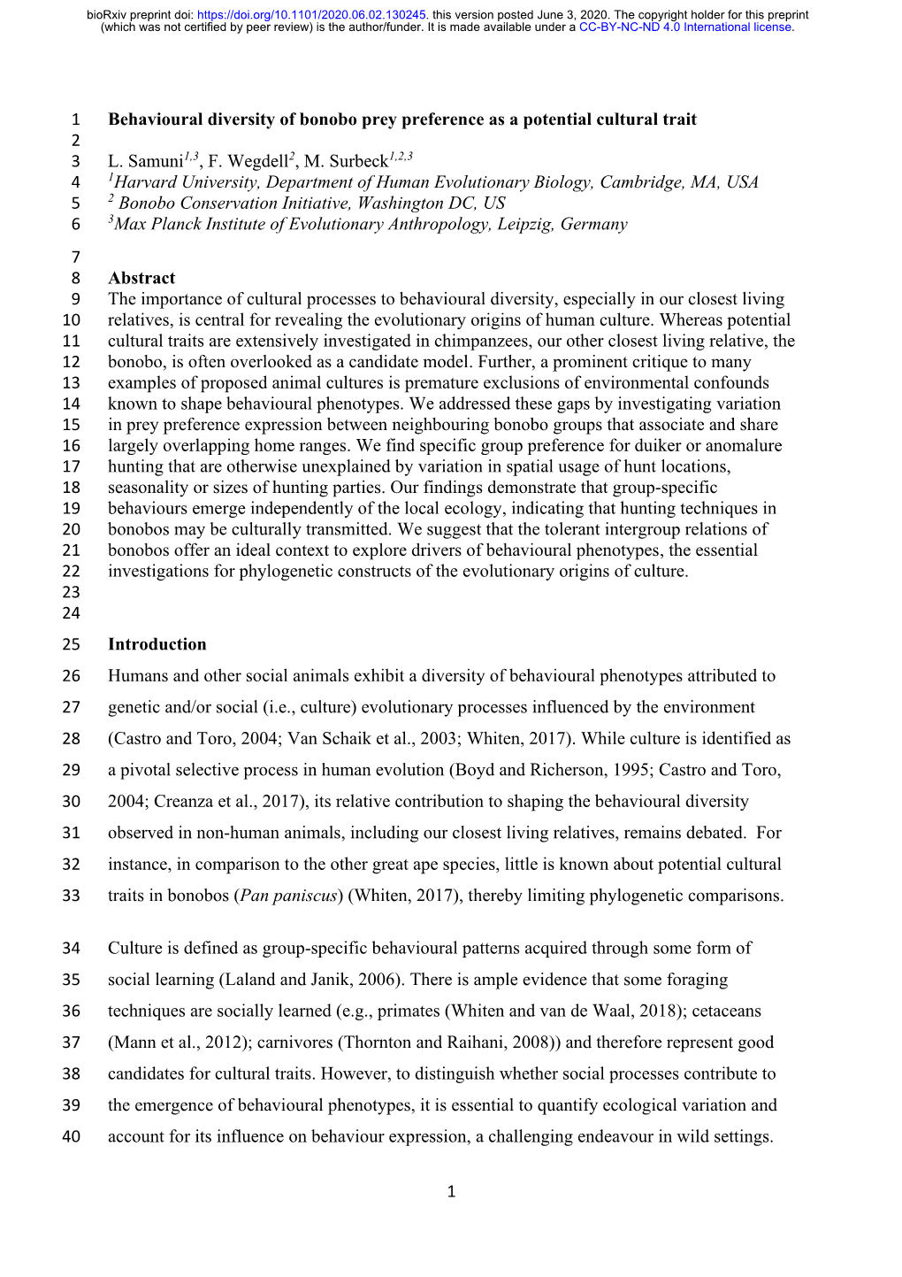 Behavioural Diversity of Bonobo Prey Preference As a Potential Cultural Trait 2 3 L