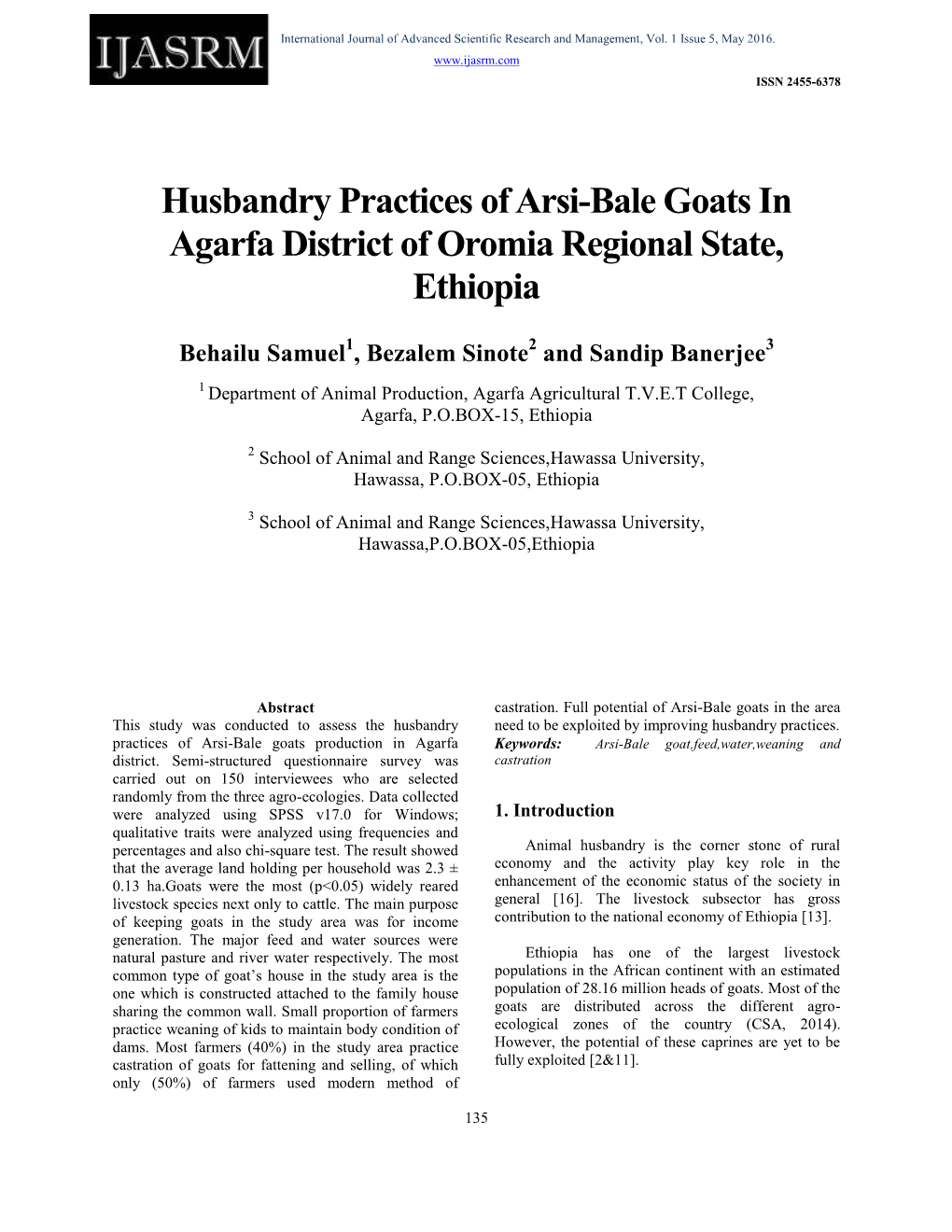 Husbandry Practices of Arsi-Bale Goats in Agarfa District of Oromia Regional State, Ethiopia