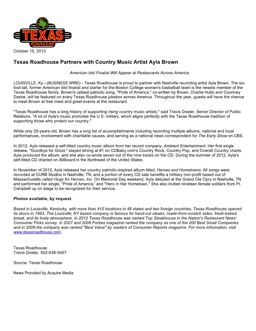 Texas Roadhouse Partners with Country Music Artist Ayla Brown