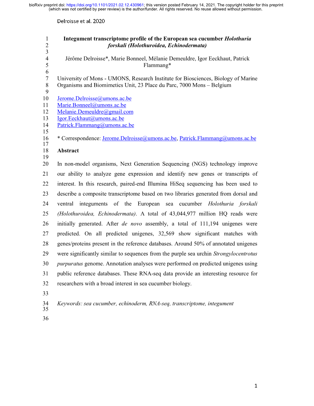 Integument Transcriptome Profile of the European Sea Cucumber