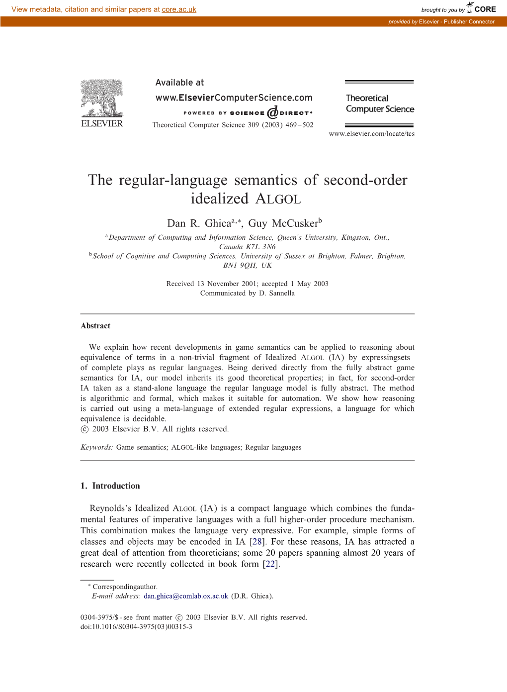 The Regular-Language Semantics of Second-Order Idealized ALGOL