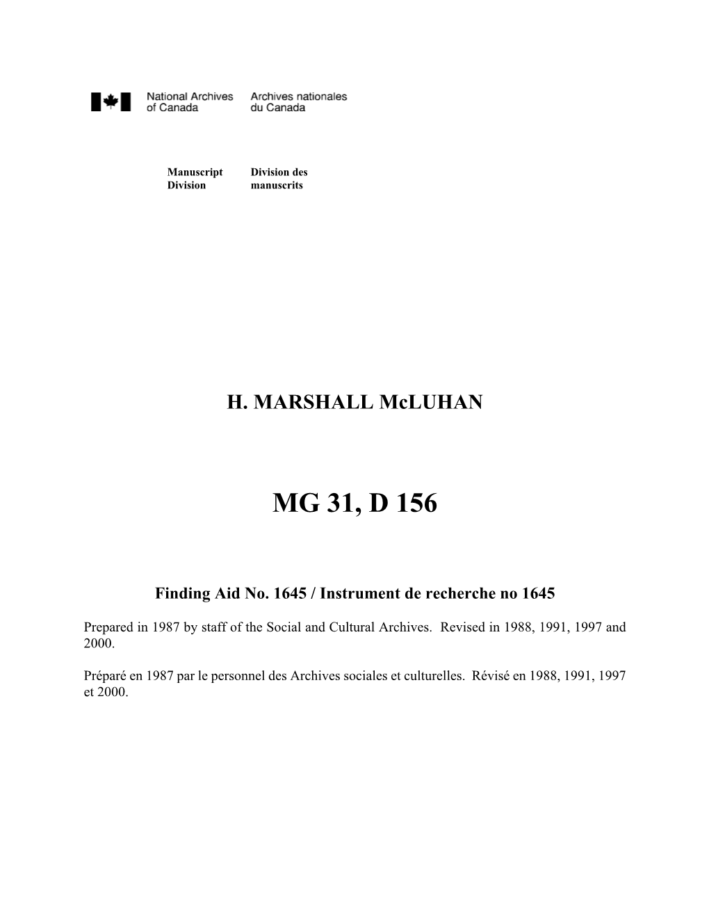 U:\WPWIN\Electronic Finding Aids\Marshall Mcluhan.Wpd