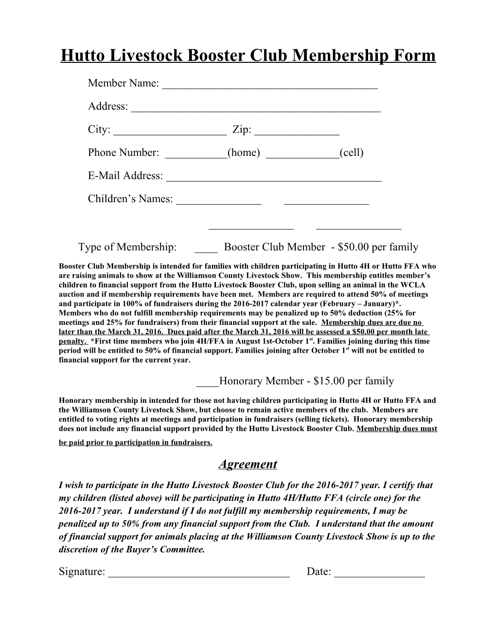 Hutto Livestock Booster Club Membership Form