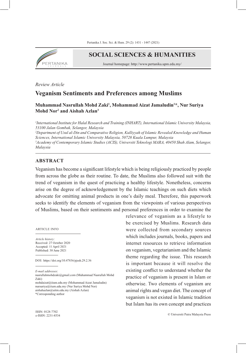 SOCIAL SCIENCES & HUMANITIES Veganism Sentiments and Preferences Among Muslims