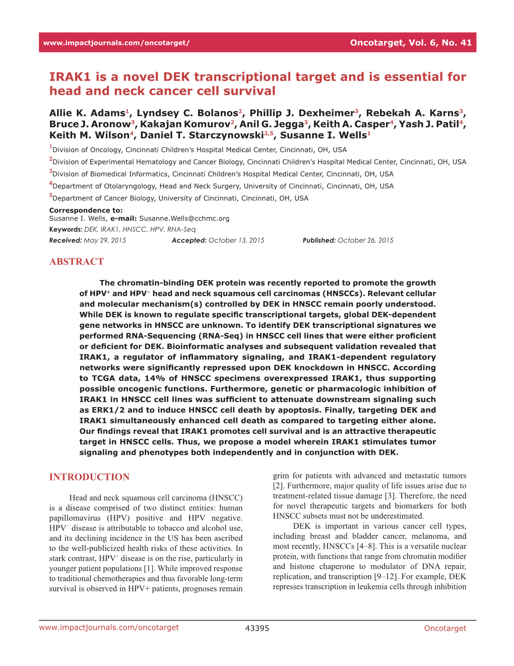 IRAK1 Is a Novel DEK Transcriptional Target and Is Essential for Head and Neck Cancer Cell Survival