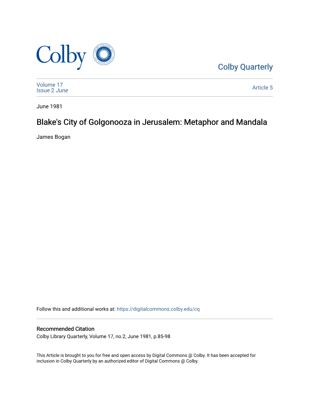 Blake's City of Golgonooza in Jerusalem: Metaphor and Mandala