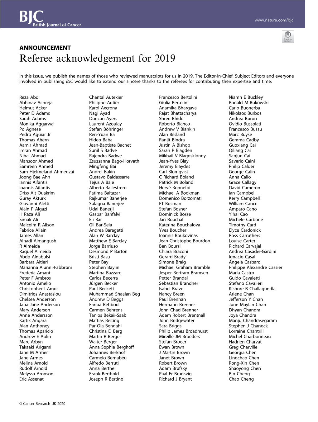 Referee Acknowledgement for 2019