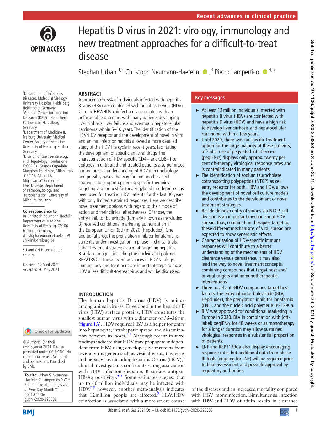 Hepatitis D Virus in 2021: Virology, Immunology and New Treatment