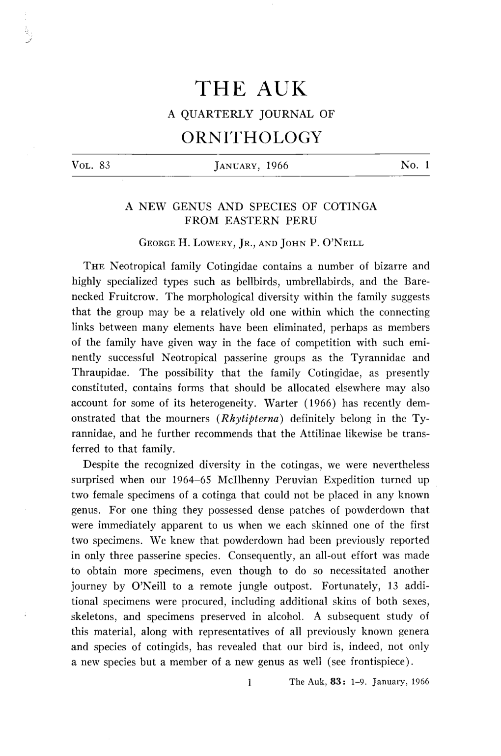 A New Genus and Species of Cotinga from Eastern Peru