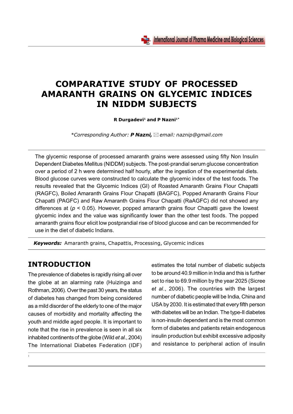 Comparative Study of Processed Amaranth Grains on Glycemic Indices in Niddm Subjects