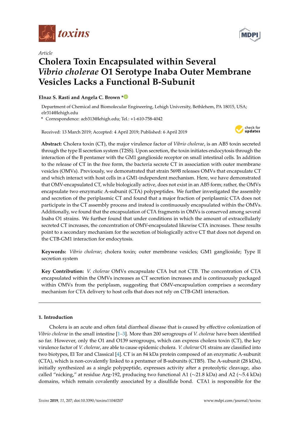 Cholera Toxin Encapsulated Within Several Vibrio Cholerae O1 Serotype Inaba Outer Membrane Vesicles Lacks a Functional B-Subunit