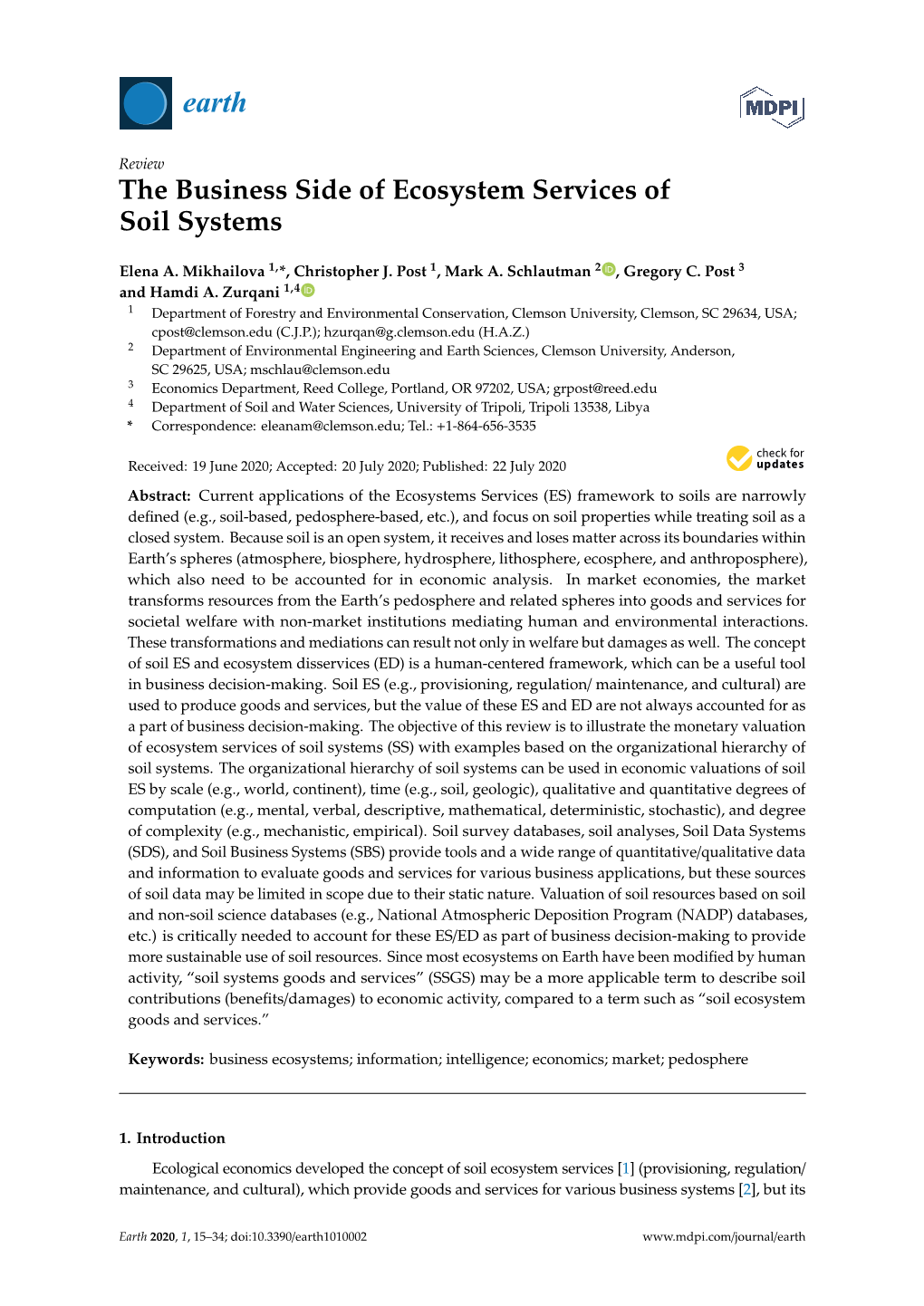 The Business Side of Ecosystem Services of Soil Systems