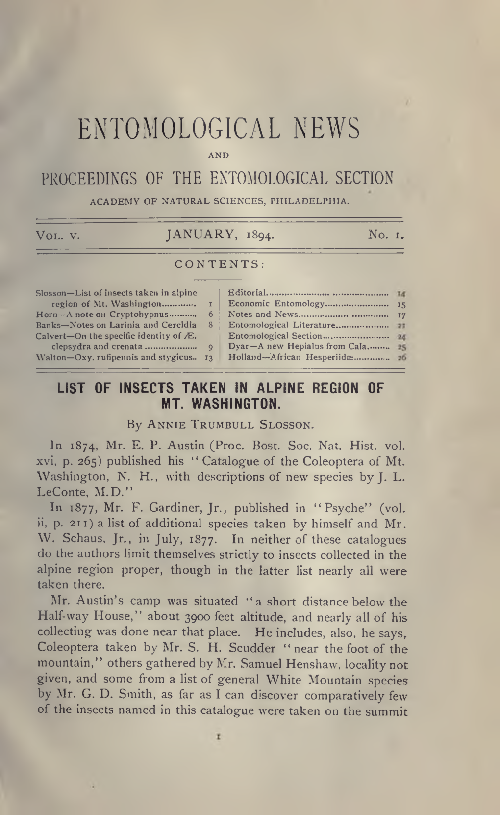Entomological News and Proceedings of the Entomological Section