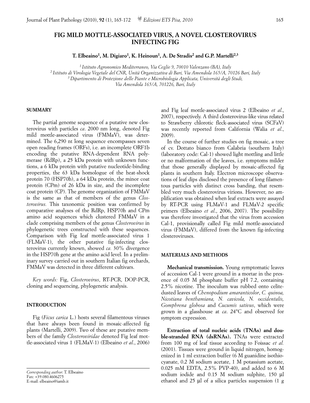 Fig Mild Mottle-Associated Virus, a Novel Closterovirus Infecting Fig