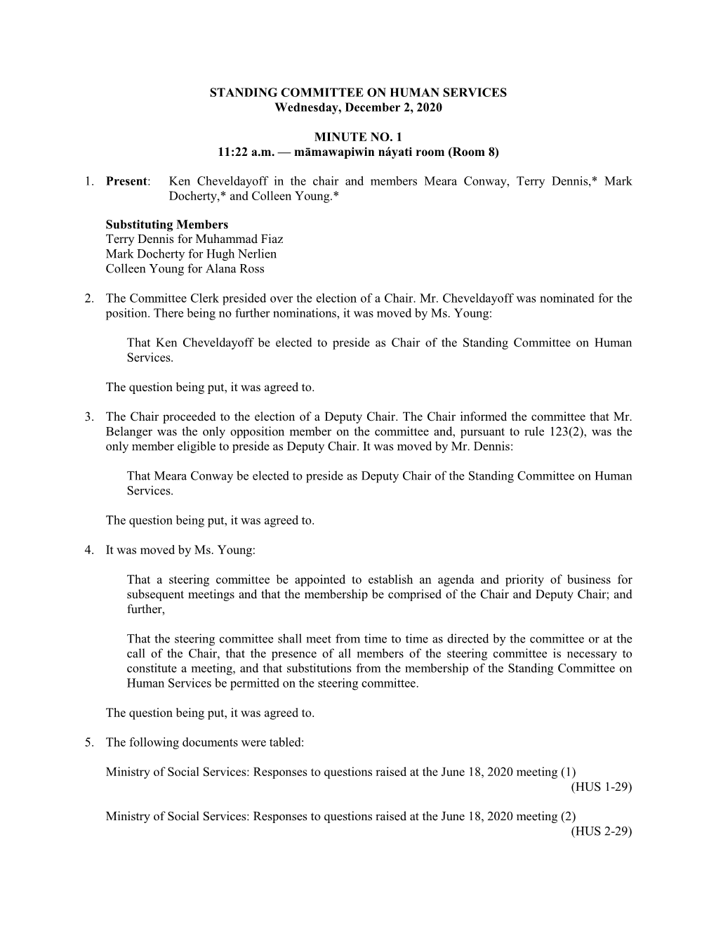 STANDING COMMITTEE on HUMAN SERVICES Wednesday, December 2, 2020