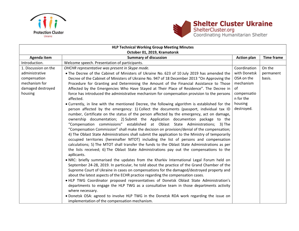 HLP Technical Working Group Meeting Minutes October 01, 2019, Kramatorsk Agenda Item Summary of Discussion Action Plan Time Frame Introduction